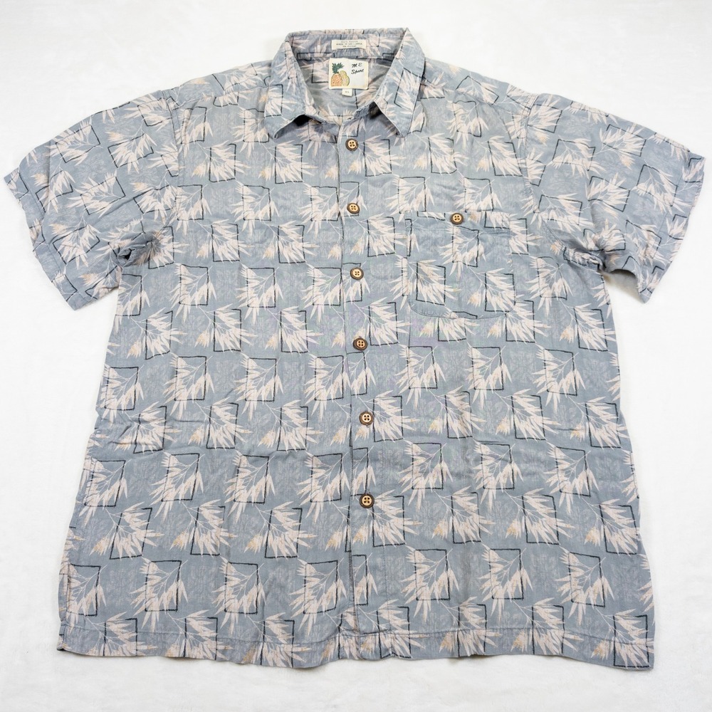 M.E. Sport Hawaiian Aloha Shirt Mens XL Gray Pink Bamboo Leaves Pattern